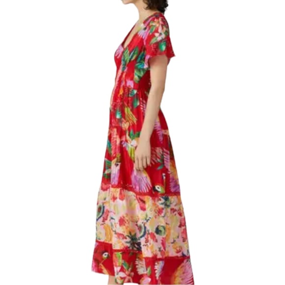 HP 🥳 Farm Rio x Anthropologie XS 0/2 Macaw Red Yellow Floral Tropical Maxi Dress - Picture 6 of 11